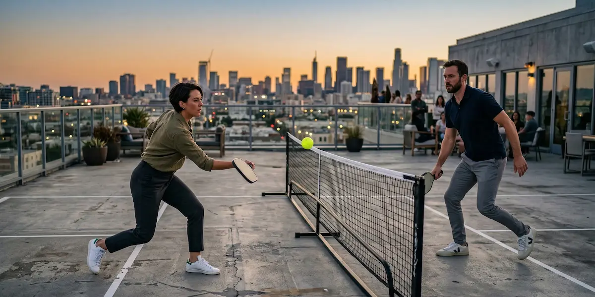 Terrain de Pickleball nomade sur rooftop — installation clé en main en 60 minutes sans infrastructure